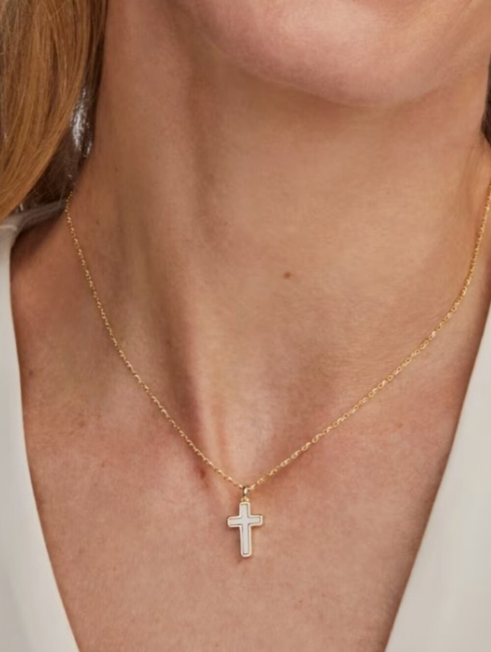 Cross Gold Pendant Necklace in White Lab Grown Opal - Picture 7 of 7
